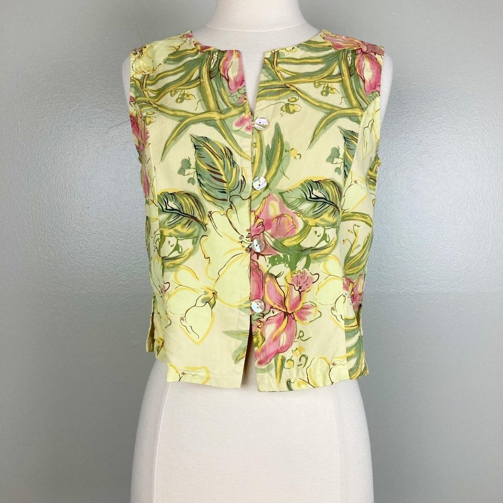 PINEAPPLE MOON - XS - VINTAGE Hawaiian Print Silk Sleeveless Button Down Top